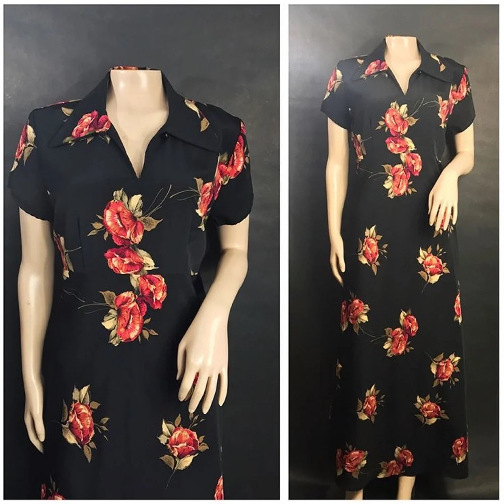Vintage 90s Rose Print Black Dress - Picture 1 of 3